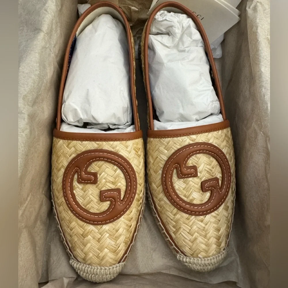 Gucci Adela GG Woven Raffia Espadrilles shoes sz 38 NIB Authentic